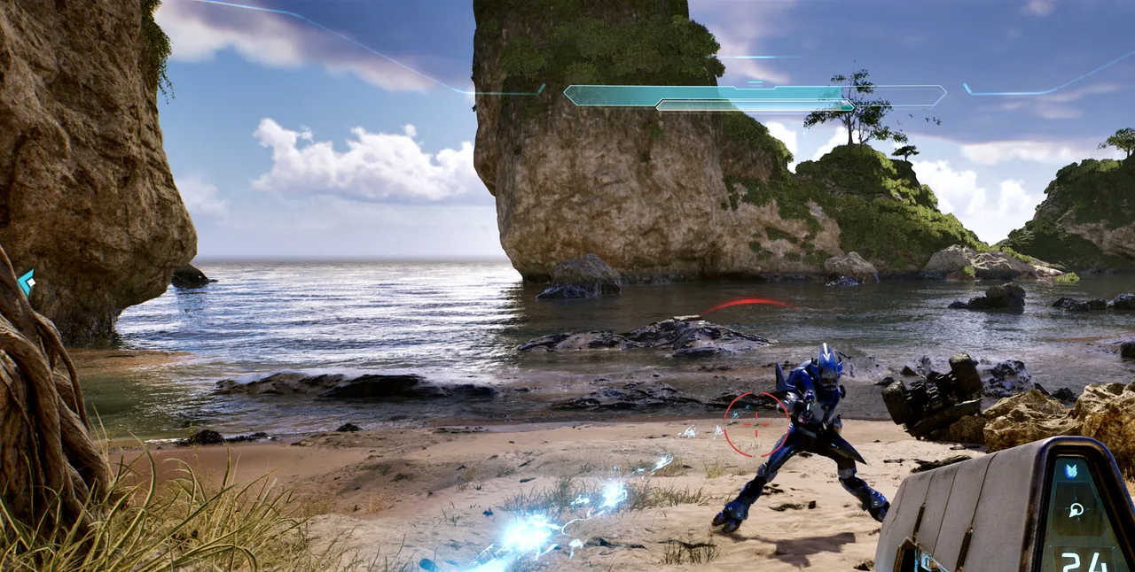 A rebuilt Halo island beach during first-person combat