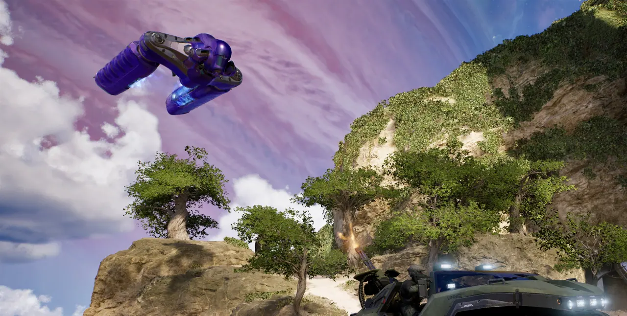 A Warthog travelling through the Halo campaign during solo or local play